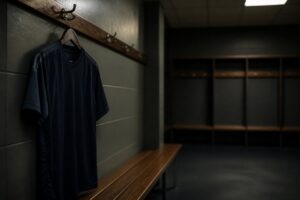 Enfärgad fotbollströja utan logotyp som hänger på en krok i ett tomt omklädningsrum